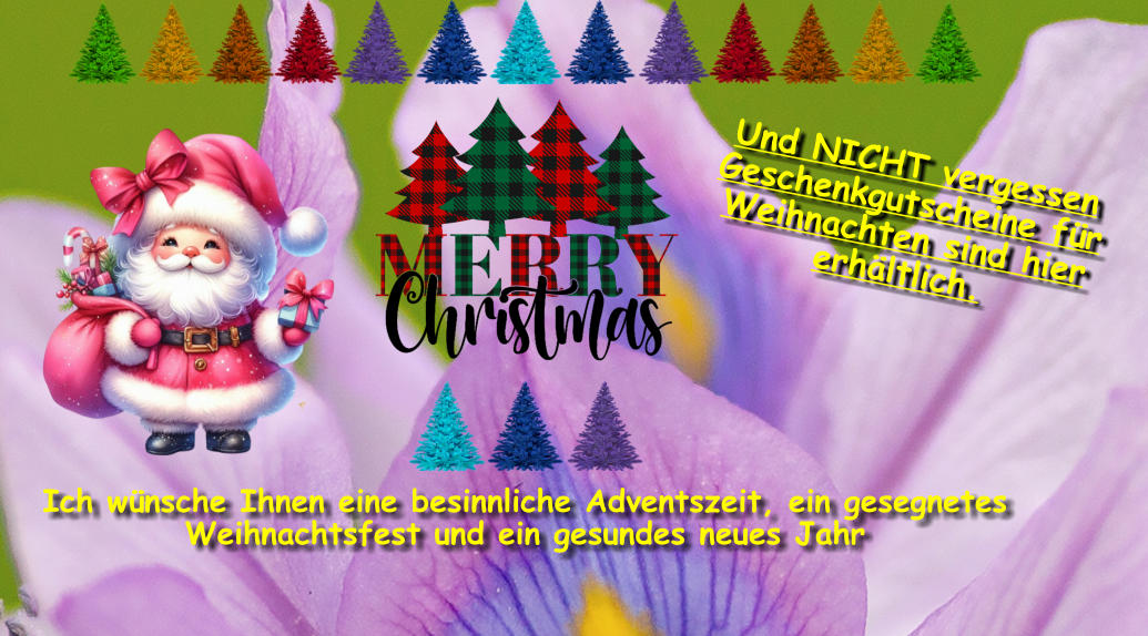 Ich wünsche Ihnen eine besinnliche Adventszeit, ein gesegnetes Weihnachtsfest und ein gesundes neues Jahr Und NICHT vergessen Geschenkgutscheine für Weihnachten sind hier erhältlich.